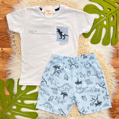 Conj. Camiseta Ready to Attack e Bermuda Dinos - Azul e Branco